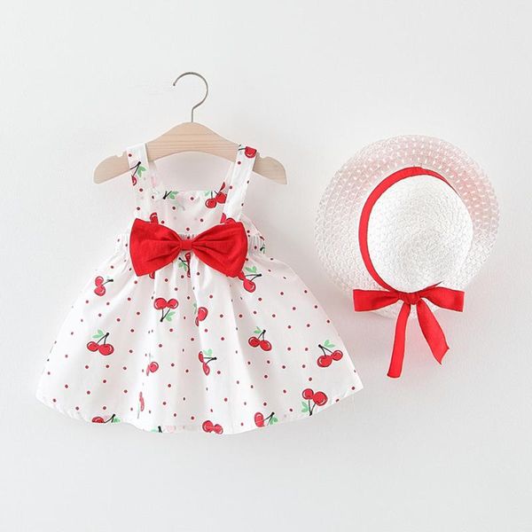 

2021 summer explosion girls dress toddler baby kids girls sleeveless cherry dot princess dresses bow hat outfits drop shipping, Red;yellow
