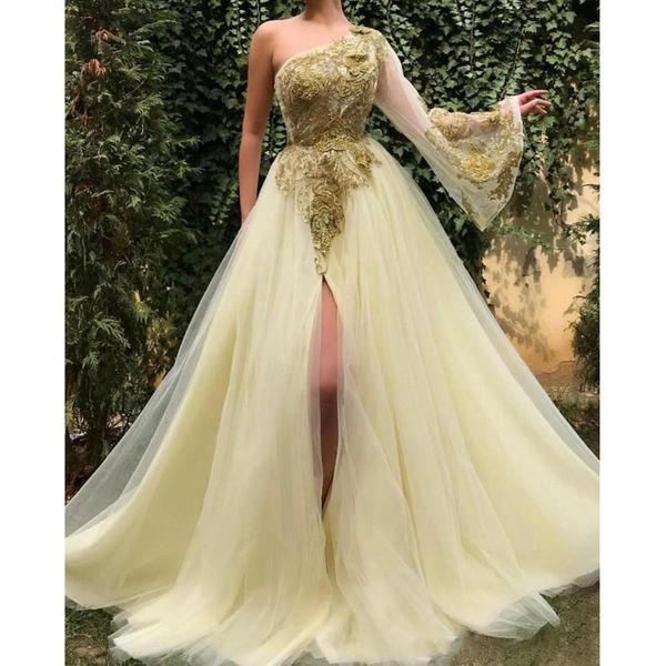

2021 new shoulder elegant ball sleeves side share a line night custom train formal sweep dressed in party dress 09rp, White;pink