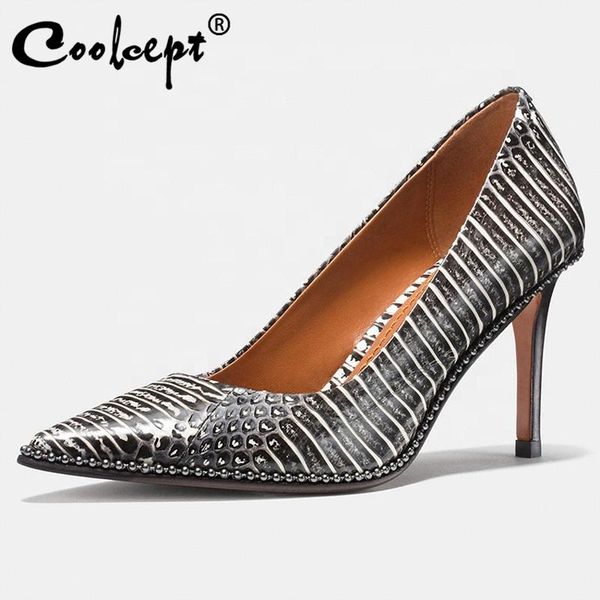 

coolcept plus size 34-45 woman high heel shoes string beads thin heel woman pumps fashion party club footwear, Black