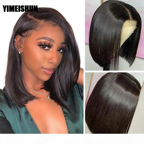 

yimeishun straight short bob wigs lace frontal human hair wigs pre plucked brazilian 4x4 closure wig lace front human hair wig, Black;brown