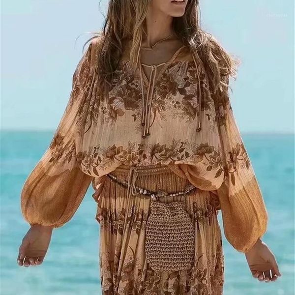 

vintage chic women bird embroidery floral printed deep v-neck boho blouse shirts ladies long sleeve bohemian rayon shirts blusas1, White