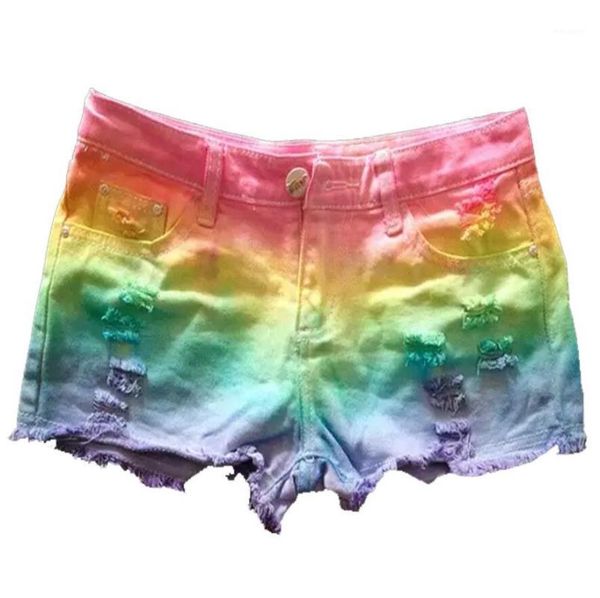 

rainbow gradient tie dye hole ripped denim shorts female low waist streetwear harajuku jean shorts plus size 3xl r12081, White;black