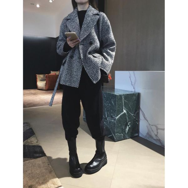 

trench women wollen wool blend coat wool tweed suit collar short coat, Black