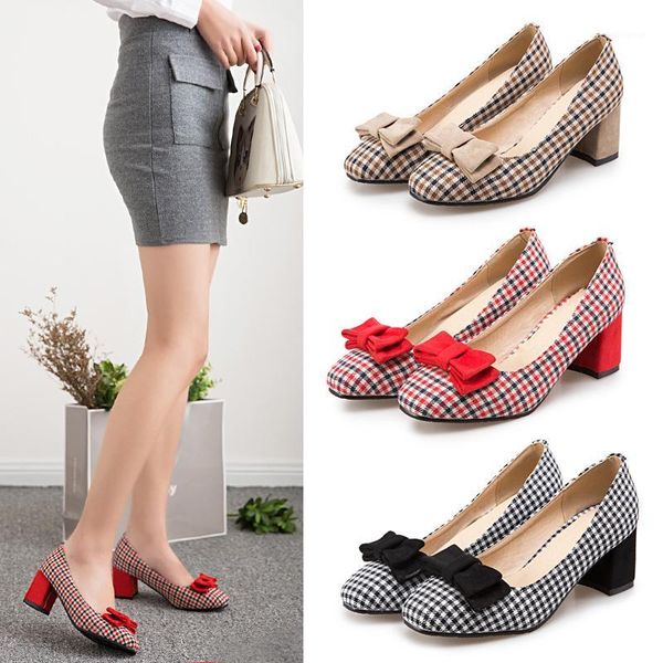 

chunky heels women high heeled pumps plaid retro round toe brand designer party shoes bow spring summer shoes woman elegant1, Black