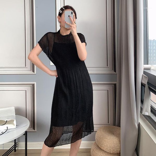 

womengaga pleated solid dress female short-sleeved summer 2020 new two-piece suspenders solid loose thin o-neck b2401, White
