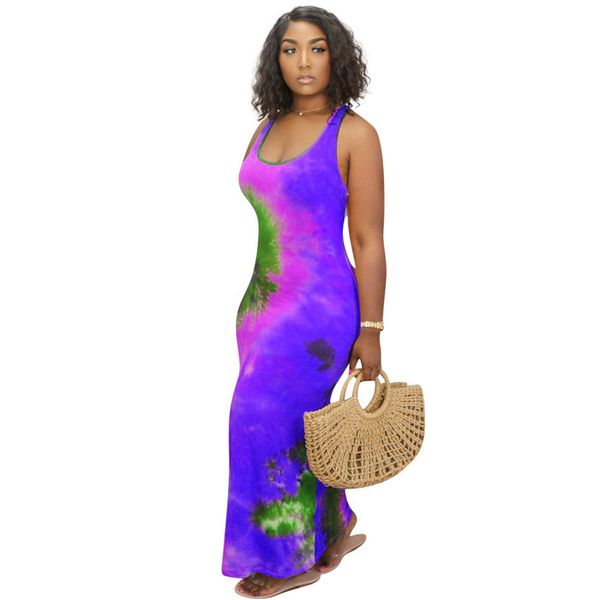 

2020 new tie-dye printed women dresses sleeveless round neck long dress ladies sports casual fashion dresses plus size s-4xl sale f92910, Black;gray