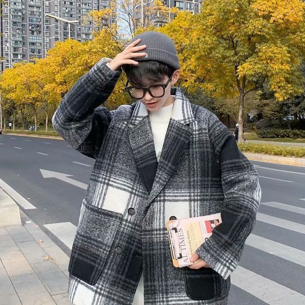 

fried street coat men bf ruffian handsome trend medium length plaid windbreaker autumn winter overcoat, Tan;black
