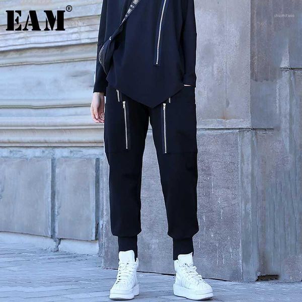 

eam] high elastic waist black zipper stitch harem trousers new loose fit pants women fashion tide spring autumn 2020 1a4511, Black;white