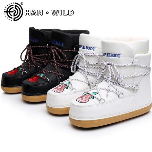 

new 2020 embroidery rose snow boots warm comfortable winter shoes women ankle boots lace up waterproof skiing ladies shoe, Black