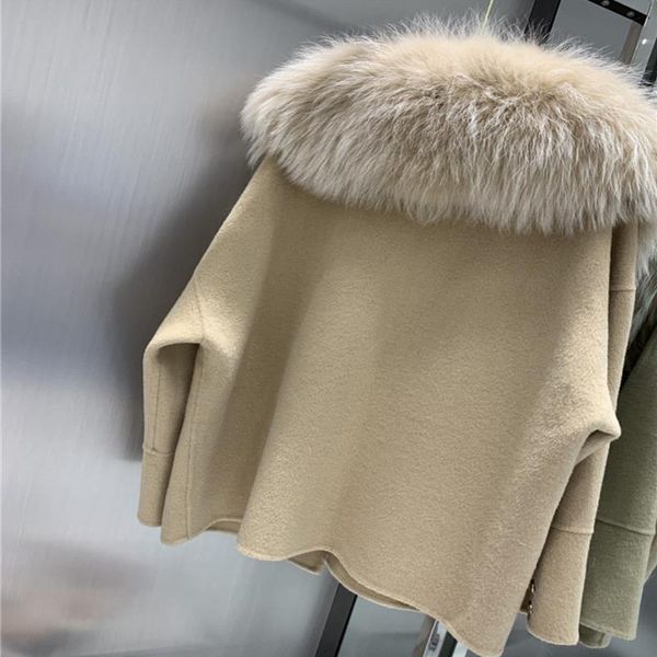 

coat blends fashion cashmere winter natural women fur collar jacket wool outerwear real streetwear raccoon warm aqqam, Black