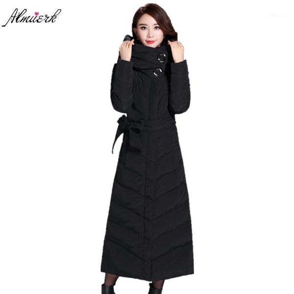 

extra long winter women jacket coats 2017 hooded thick down feather cotton parkas belt slim warm winter jackets outerwear yz4101, Black