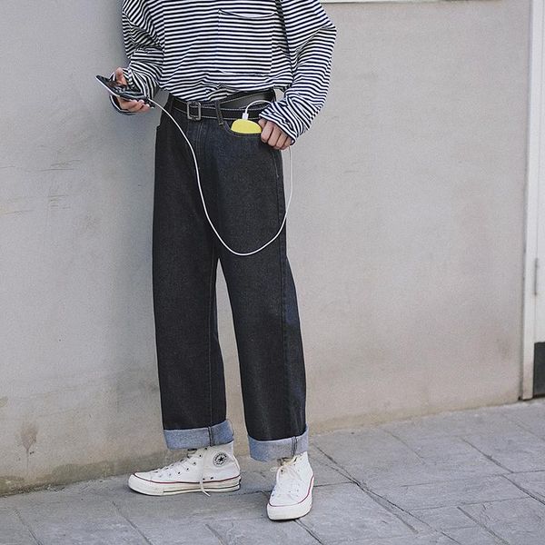 

men's jeans nice spring and autumn japanese retro ins wide leg hong style solid color loose straight denim pants black / blue -2xl