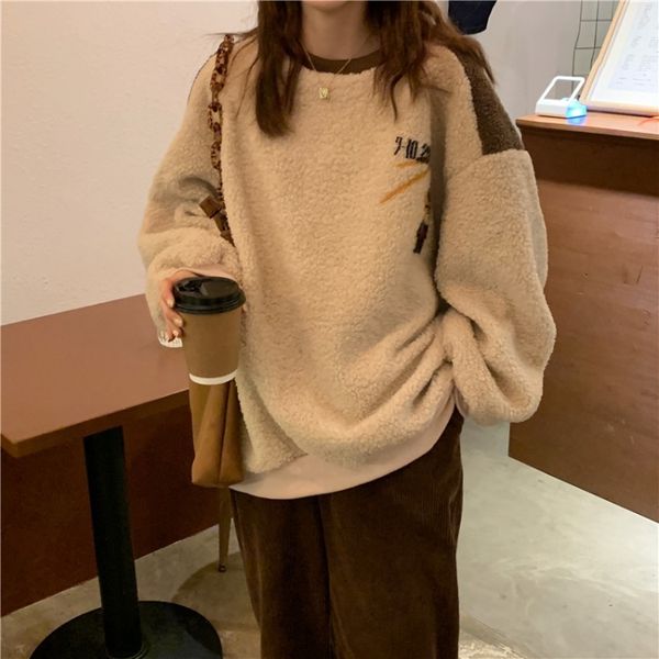 

2020 winter new hanfeng loose lamb plush thickened long sleeve round neck sweater 34303, Black
