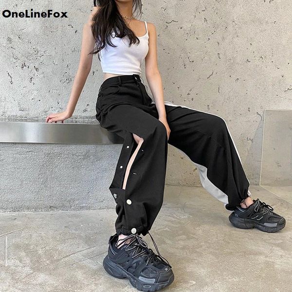 

onelinefox patchwork button split side casual sweatpants women baggy elastic high waist pants capris harajuku punk joggers 2020, Black;white