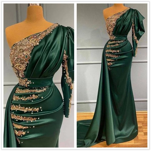 

charming satin dark green mermaid evening dress with gold lace appliques pearls beads one shoulder pleats long formal occasion gowns vestido, Black;red