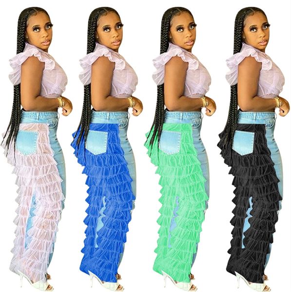 

ladies jeans fashion stretch distressed ripped denim jeans holes long pants straight leg trousers clothing stitching lace f101901, Blue