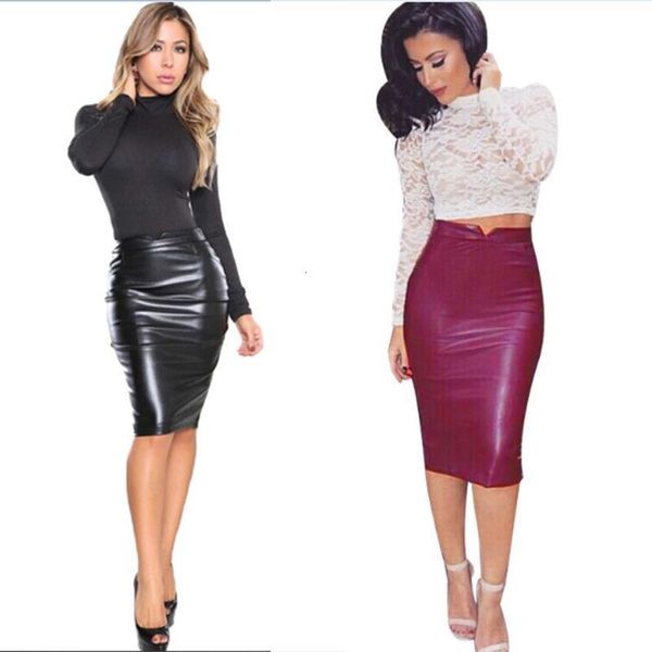 

осенние женщины pu искусственная кожаная юбка с высокой талией bodycon streetwear tight retting женский карандаш midi юбки, Black