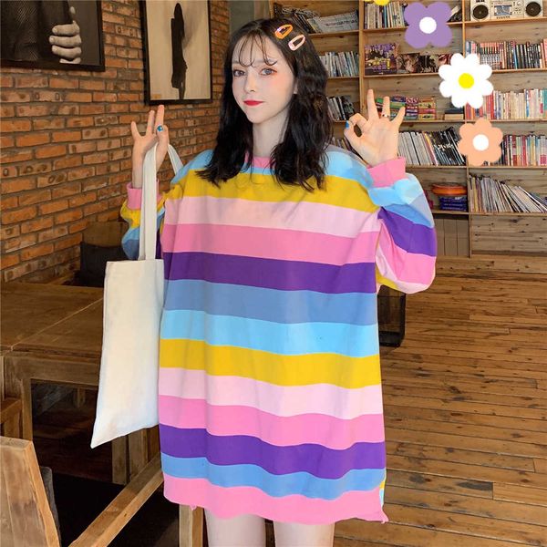 

women's sweatshirt harajuku rainbow strip hoodie patchwork soft contrast color o-neck winter autumn t191118, Black