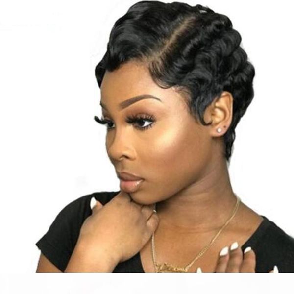 

short lace human hair wigs for women brazilian finger wave wig remy human hair pixie cut lace wigs for black women, Black;brown