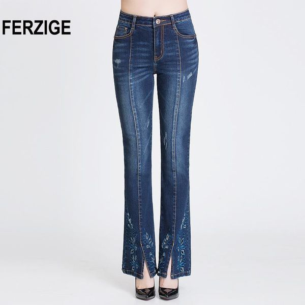 

ferzige jeans women boot cut embroidered flowers hollow out flared pants high waist stretch long trousers ladies push up 361, Blue