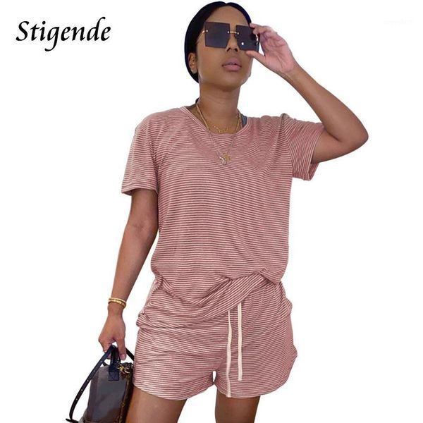 

stigende women casual summer striped two piece set o neck short sleeve and drawstring sweatpants bodycon 2 piece outfit set1, Gray