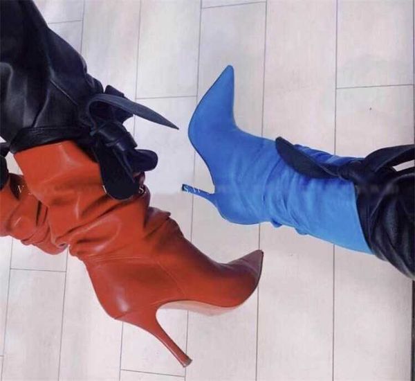 

boots red loose leather high heel pleated stiletto dress shoes pointed toe women tall customized, Black