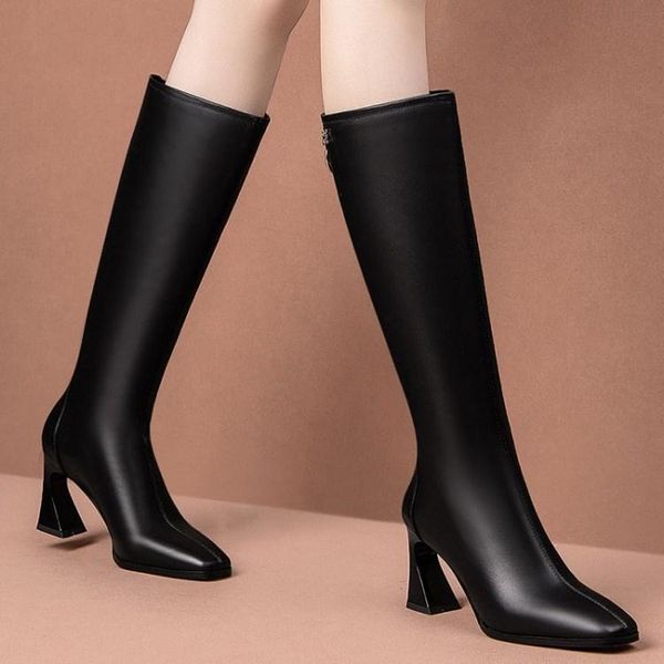 

all-match round head elastic boots high leg boot high heel but knee thigh boot new 2020 style for autumn and winter square heel, Black