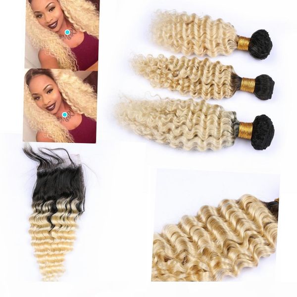 

indian ombre color human virgin hair bundles with closure 4" " 4" deep wavy #1b #613 colored virgin hair bundles with closure, Black;brown