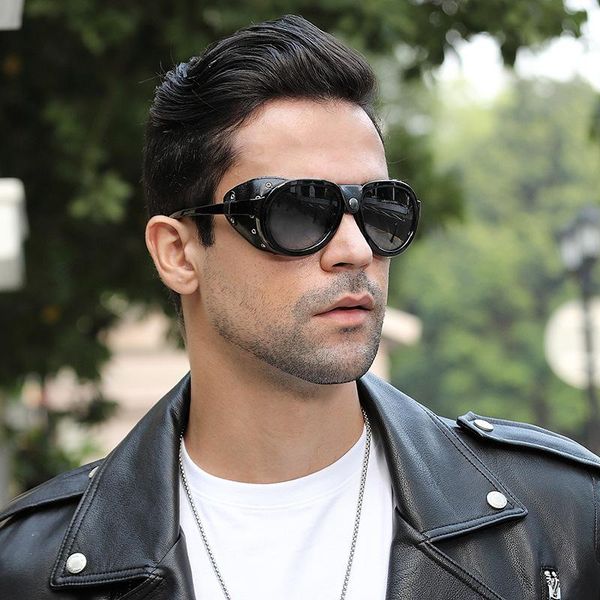 

2019 new steampunk sunglasses men's 0090 side surround leather polarized riding sunglasses, White;black