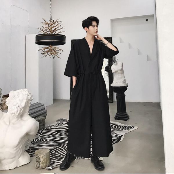

2020 new men male a long-sleeve piece loose overalls stylist hair youth work with long-legged tools lkt7, White;black