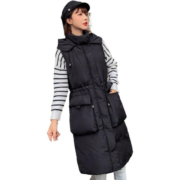 

women's vests autumn winter spring vest women waistcoat 2021 female sleeveless jacket hooded warm long belt colete feminino plus size, Black;white