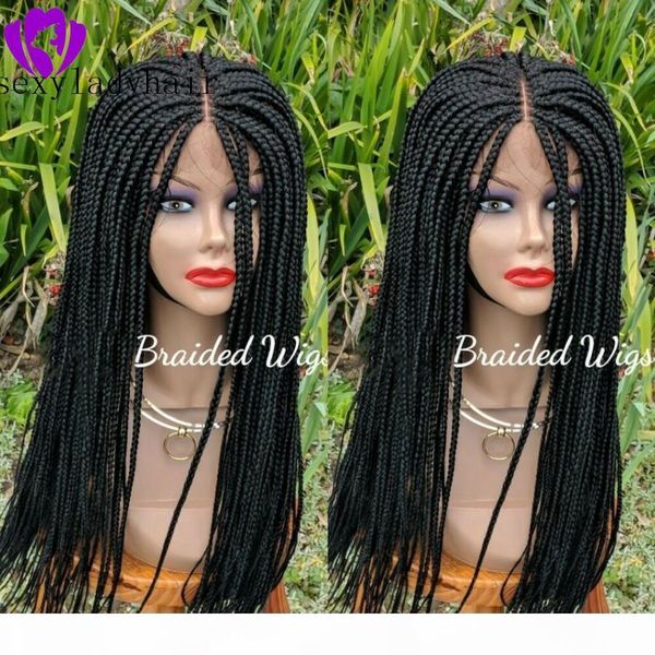 

200density full micro braided wigs synthetic lace front wig for black women african american box braided lace wig with baby hair, Black;brown