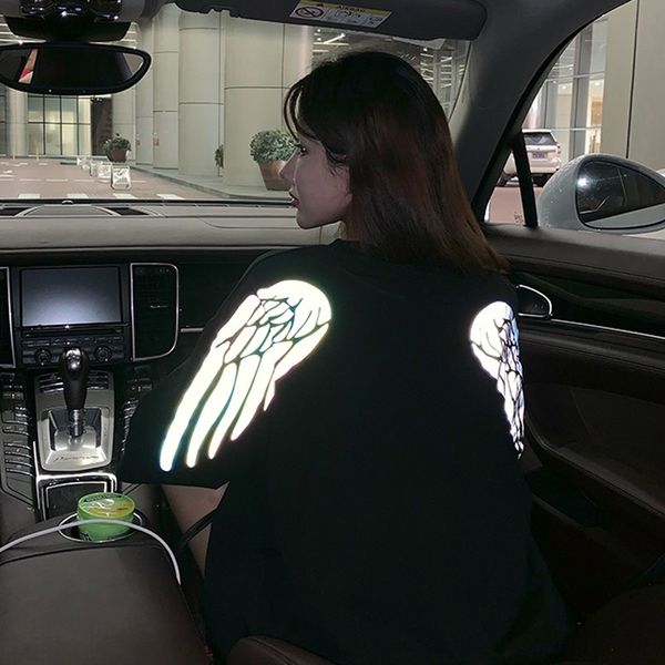 

summer korean version of ins yuansuo t-shirt wind street reflective color wings moon embossed short sleeve t-shirt for women lovers fash, White