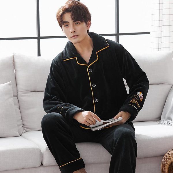 

coral velvet pajamas men's winter thickened warm cardigan youth flannel homewear set1, Black;brown