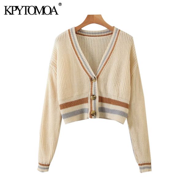 

kpytomoa women 2020 fashion striped patchwork cropped knitted cardigan sweater vintage long sleeve female outerwear chic c1024, White
