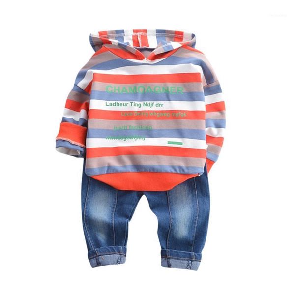 

clothing sets kancoold boy autumn rainbow stripes fluorescent letters long-sleeved hooded sweater + denim gradient pants two-piece suit1, White