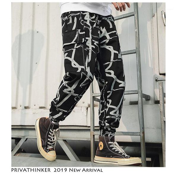 

man 2019 casual vintage autumn joggers streetwear mens pockets hip hop harem pants male stripe print pants fashions1, Black