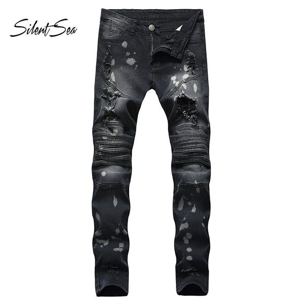 

silentsea men cotton straight classic jeans spring autumn male denim pants men jeans fold hip hop style pants, Blue