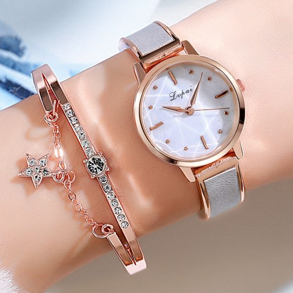 

luxury 2pcs lvpai brand women bracelet watches luxury rose gold starry sky watch for women simple dress rhinestone quartz clock fashion desi, Slivery;brown