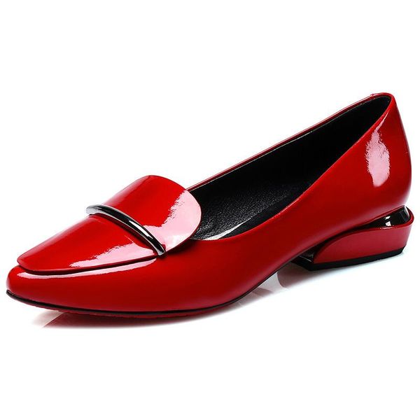 

bright leather ladies pumps women shoes woman pumps new block mid heels pointed toe slip on office party casual shoes, Black