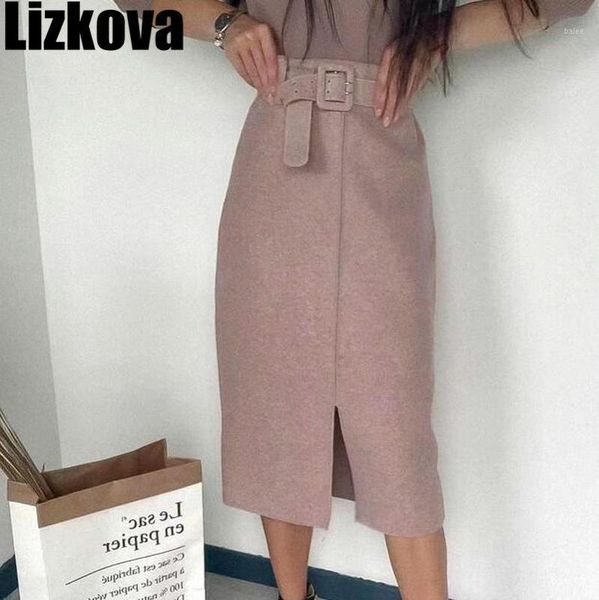 

autumn winter woman pink woollen midi skirt high waist skirt with belt winter warm elegant split skirts1, White