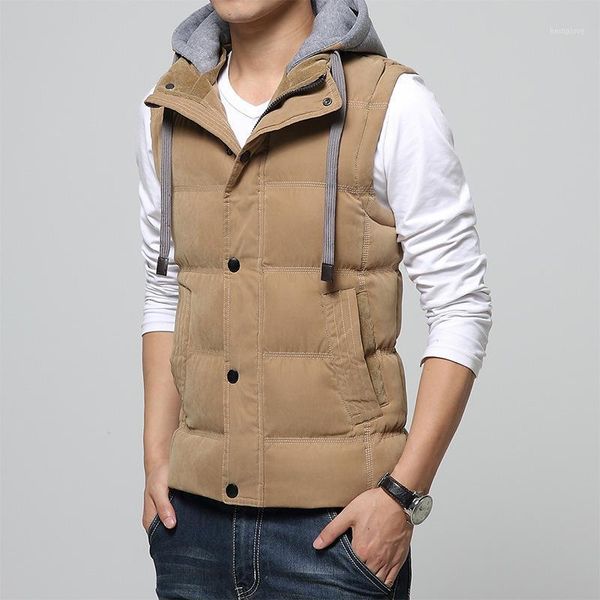 Gilet da uomo all'ingrosso- M-4XL Gilet da uomo casual Slim Fit 2021 Gilet Cappello staccabile con cappuccio Inverno caldo frangivento Gilet kaki1