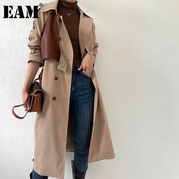 

eam] women khaki pu leather big size long trench new lapel long sleeve loose fit windbreaker fashion spring autumn 2020 1dc051 1028, Tan;black