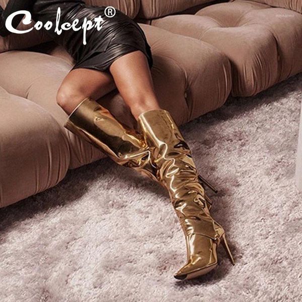 

coolcept size 34-43 women knee boots pointed toe high heel winter shoes woman new fashion party lady long boot footwear1, Black