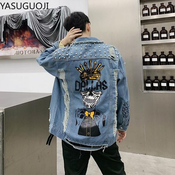 

yasuguoji fashion skull printed punk rivet denim jacket men new 22020 streetwear ripped hole hip hop jeans jacket for male, Black;brown