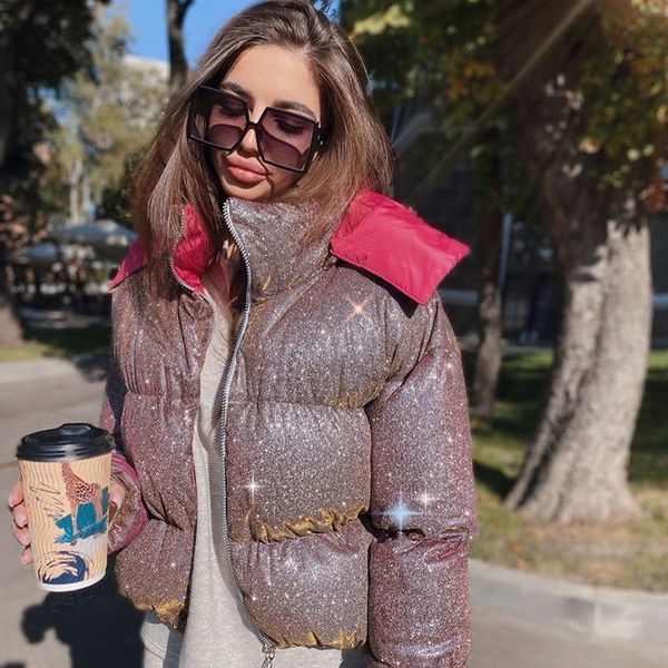 

women winter new cotton coat fashion glitter powder jacket european and american womens streetwear hooded coats 2 colors size s-xl, Black;brown