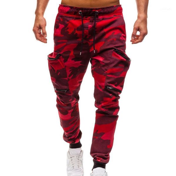 

men's fashion 2019 drawstring classic red camouflage camo joggers zipper pockets sweat pants cargo pants sportswear roupas1, Black