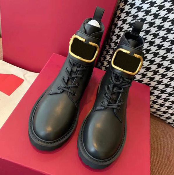 

women's metal button round toe short boots short tube platform flat shoes british martin style autumn winter, Black