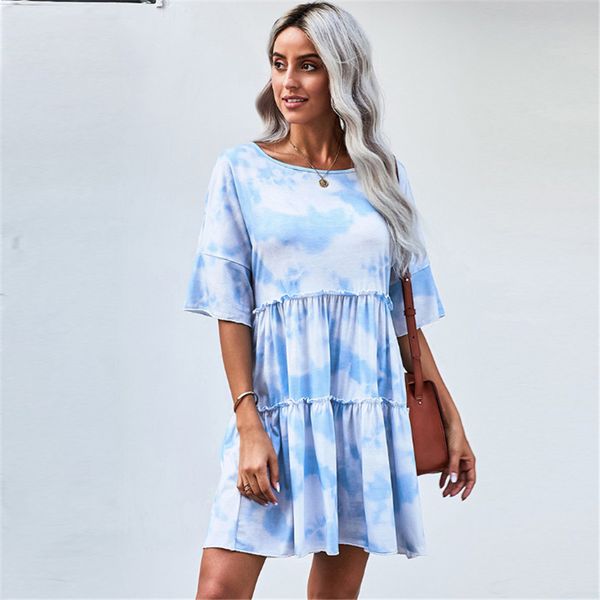 

2021 new spring and new autumn style five tie-dye imprint around loose neck ruffled at height of the knee dressed female 3b1g, Black;gray