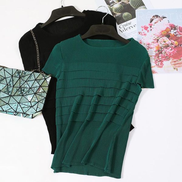 

summer women pleated short sleeve women's new simple fashionable round neck shirts, White